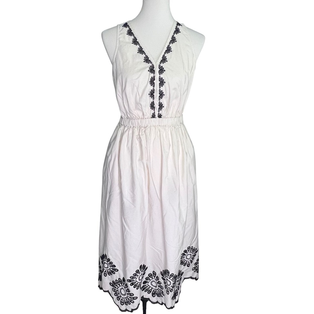 Gap Cream Cotton Embroidered Eyelet Scalloped Midi Dress Floral V-Neck Preppy